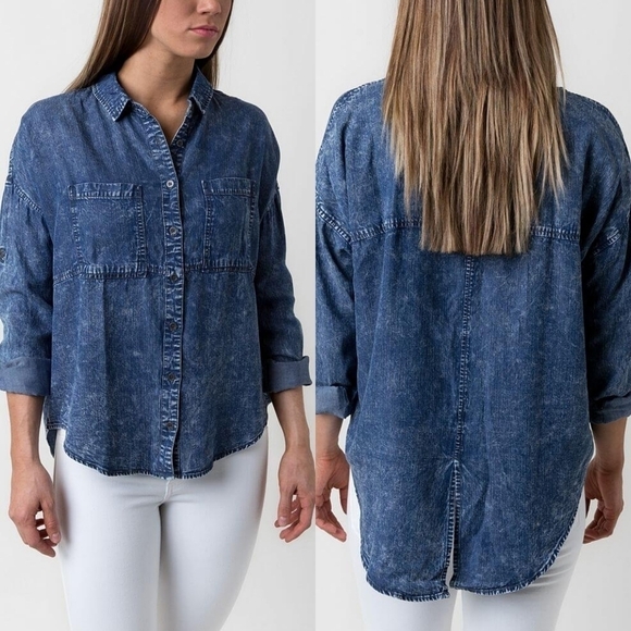 LIVERPOOL Jeans Washed Out High Low Button Up Split Back Top Large - Picture 1 of 13